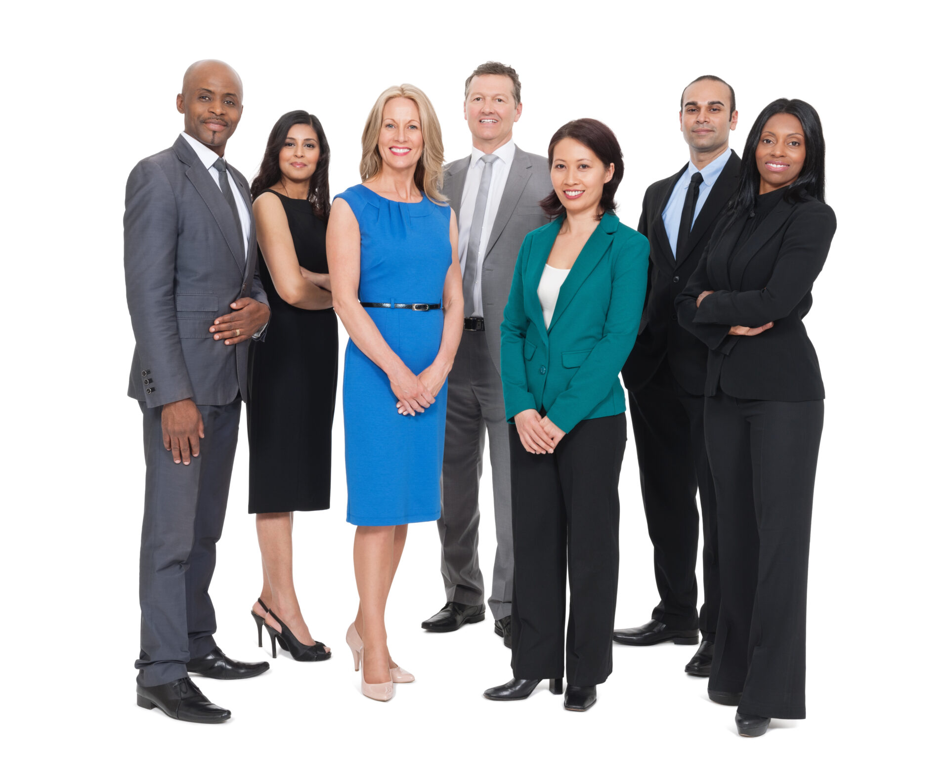 Full length portrait of multiethnic businesspeople standing together isolated over white background. Horizontal shot.