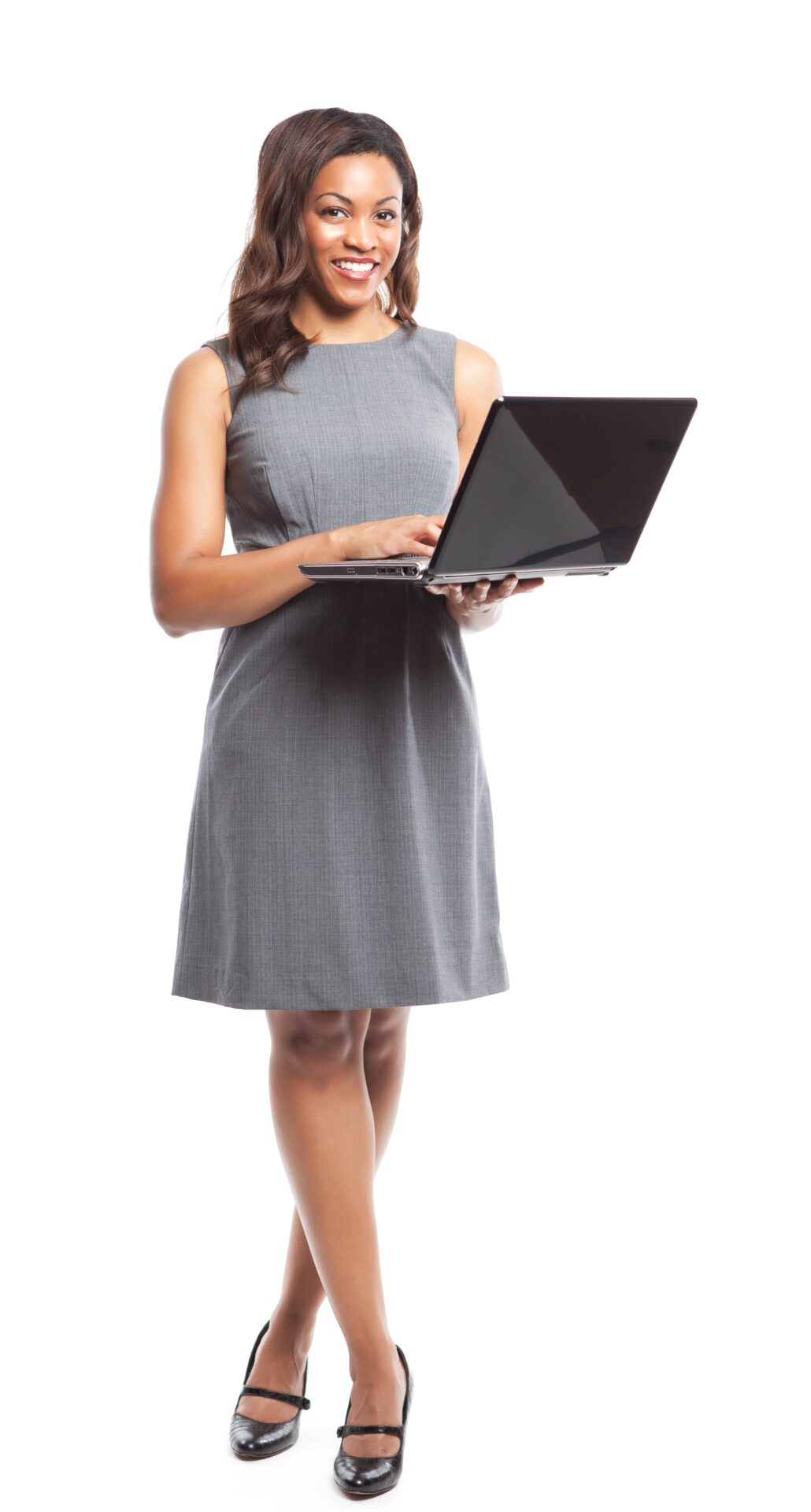 An isolated shot of a black businesswoman holding a laptop