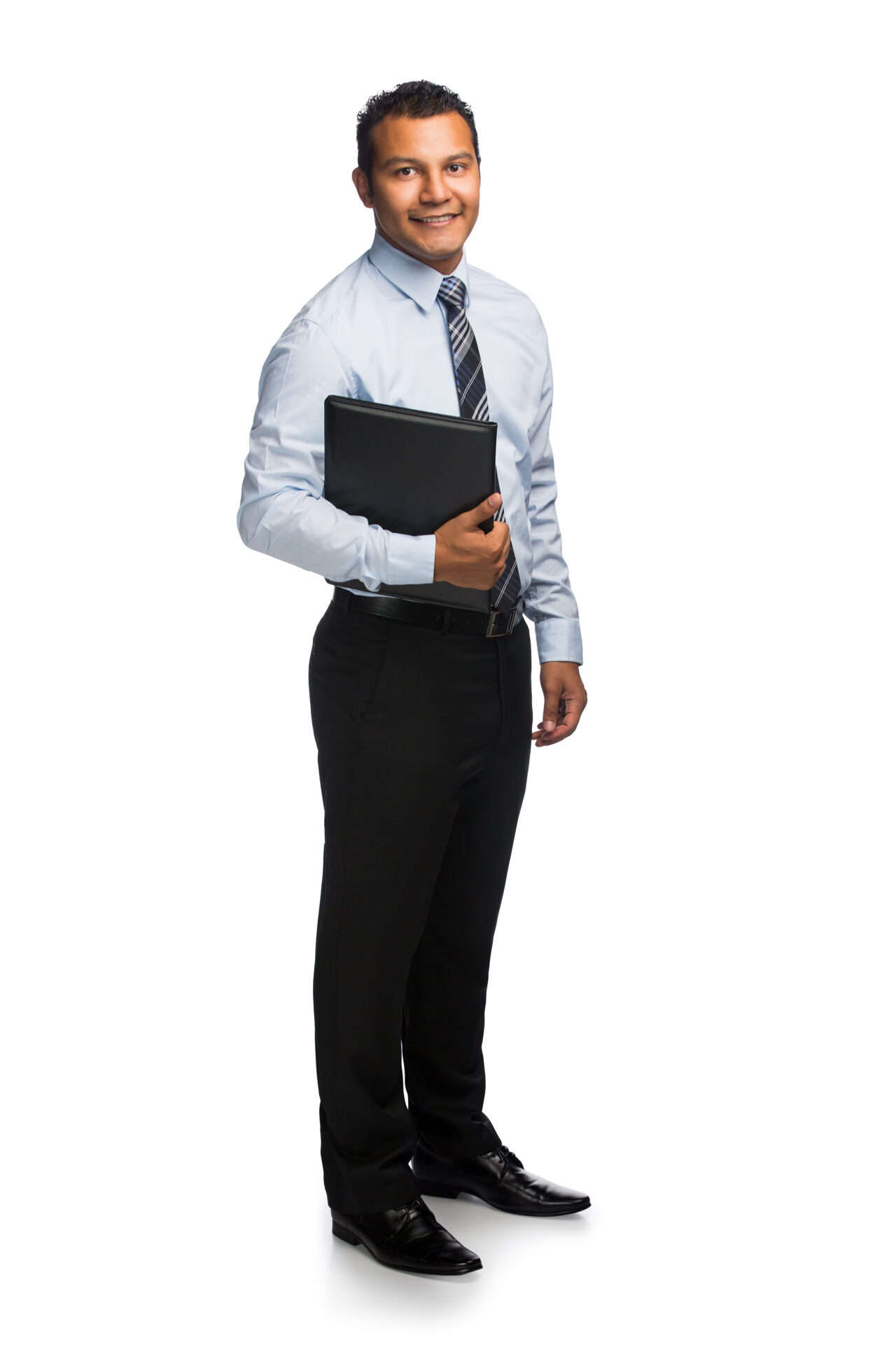 A young male secretary holding a folder.